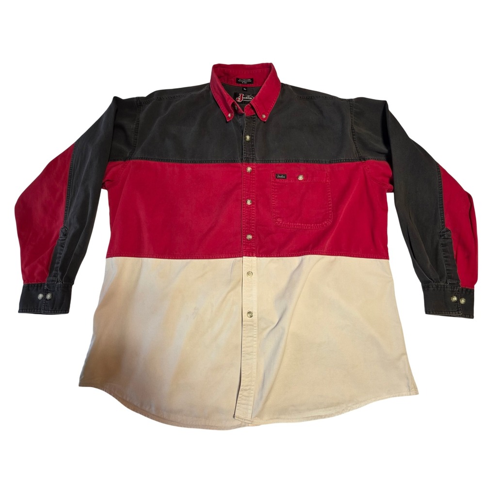 Justin Western Colorblock Button Up Shirt XL Red White‎ Black Workwear 90s